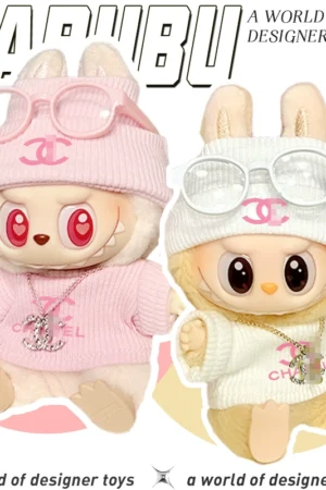 Labubu Clothes Set – Chanel Style Sweater & Glasses (Pink & White) | nekolulu