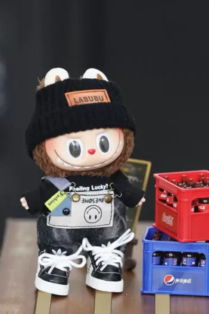 Labubu Clothes Set – Black Smiley Overalls & Beanie | nekolulu