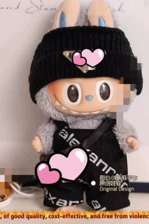 Labubu Clothes Set – Black Beanie Overall & Shoulder Bag | nekolulu