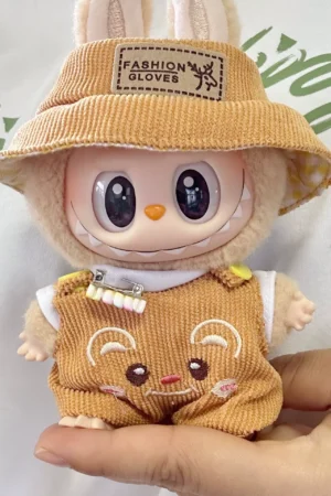 Labubu Clothes Set – Handmade Corduroy Overalls & Bucket Hat (Brown/Green) | nekolulu