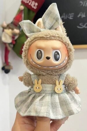 Labubu Clothes Set – Plaid Skirt & Bunny Overalls | nekolulu