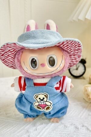 Labubu Clothes - Plush Doll Handmade Denim Overalls & Striped Shirt Set | nekolulu