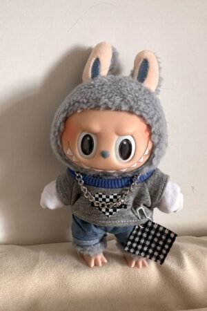 Labubu Clothes Set - Grey Bunny Hoodie & Jeans | nekolulu