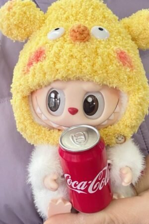 Labubu Clothes Set – Yellow Fluffy Outfit with Hood & Coca-Cola Can | nekolulu