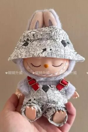 Labubu Clothes Set – Greyish-White Patterned Overalls & Bucket Hat | nekolulu