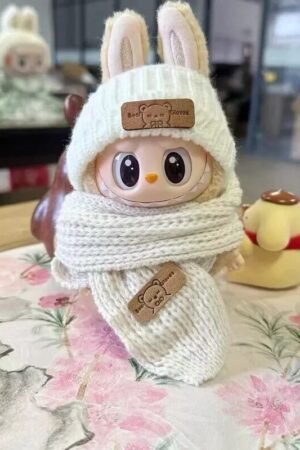 Labubu Clothes Set – White Knitted Hat & Scarf Set | nekolulu