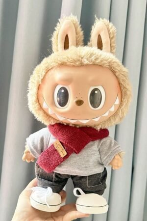 Labubu Clothes - Grey Tee, Dark Pants & Red Scarf Set | nekolulu