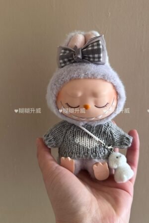 Labubu Clothes Set - Grey Knitted Sweater & Bow Hoodie | nekolulu