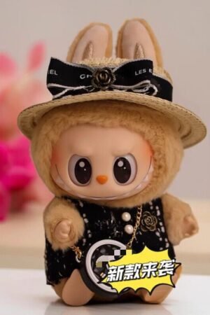 Labubu Clothes Set – Black Dress with Straw Hat & Pearl Necklace | nekolulu