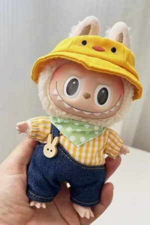 Labubu Clothes Set – Yellow Plaid Shirt & Denim Overalls with Duck Hat | nekolulu