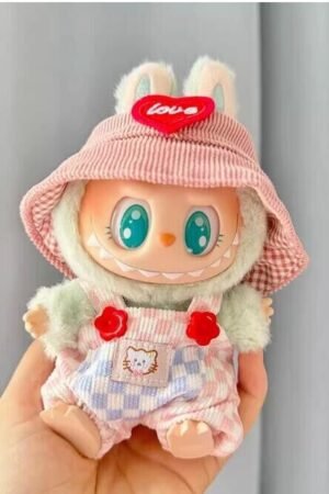 Labubu Clothes Set – Pink Checkered Overalls & Heart Hat | nekolulu