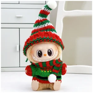 Red and green hat, red and green sweater, red and green scarf