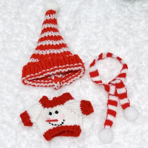 Snowman sweater, red and white scarf, red and white striped hat