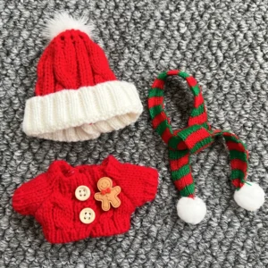 Christmas cookie sweater, red and green scarf, red hat
