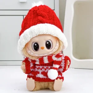 Red hat, red and white patterned sweater, red and white scarf