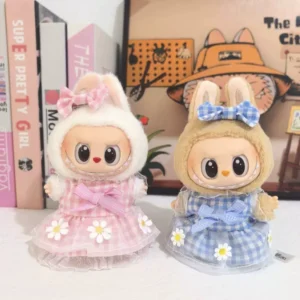 Labubu Doll Clothes (Dress) – Blue/Pink Daisy Plaid Skirt Outfit for 1st-4th Gen Labubu (2 SKUs) | nekolulu