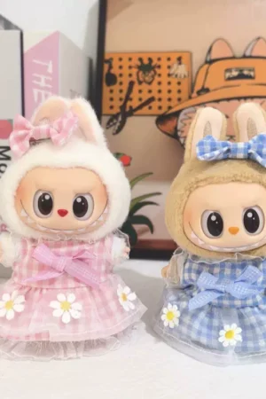 Labubu Doll Clothes (Dress) – Blue/Pink Daisy Plaid Skirt Outfit for 1st-4th Gen Labubu (2 SKUs) | nekolulu