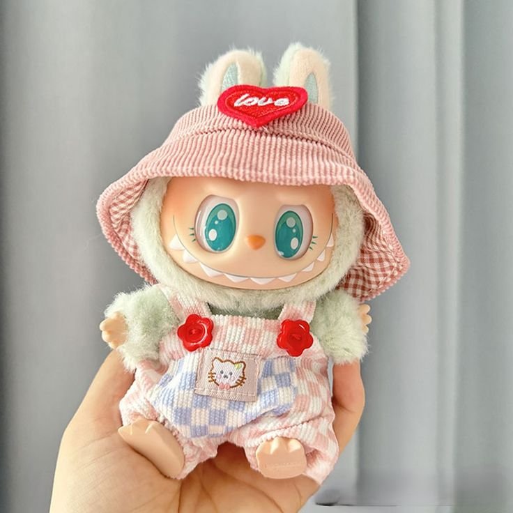 Mini Labubu wearing cute denim bib pants and a bucket hat.