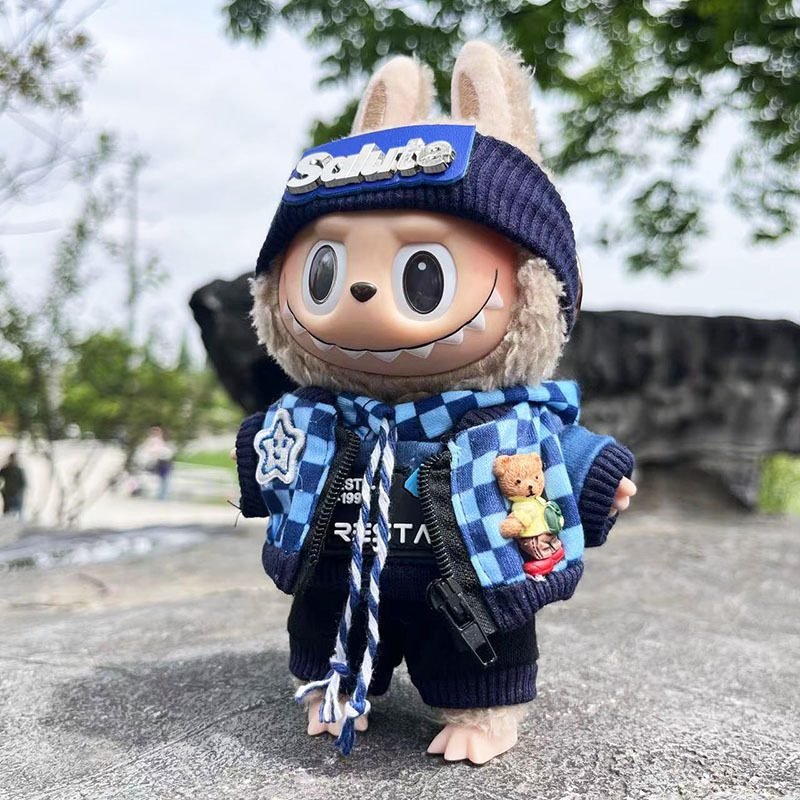 Labubu doll wearing a basic sporty outfit with a hoodie, a key piece in the beginner's wardrobe.