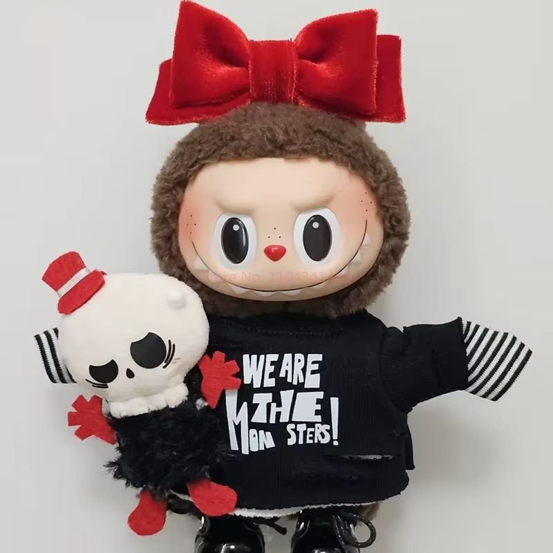 Labubu doll wearing a red velvet Valentine's Day outfit with heart-shaped accessories.